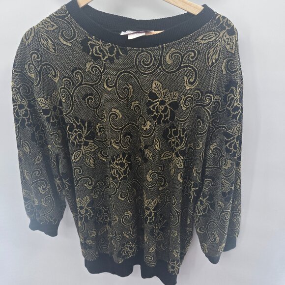 Vintage Susan Anthony Black Gold Floral Jacquard Swirl Sweater 1x - Picture 1 of 9